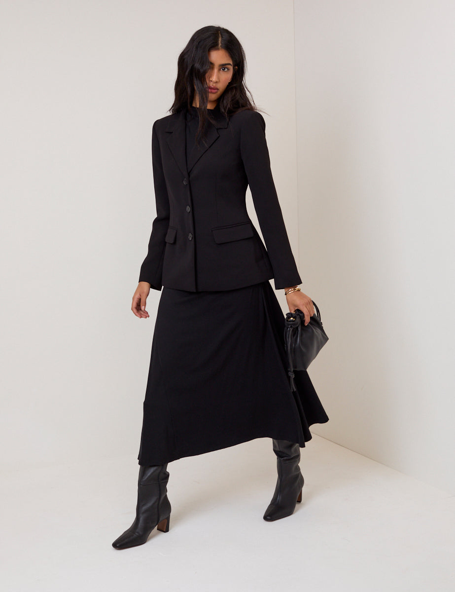 Black Boat Neck Long Sleeve A-Line Penni Midi Dress